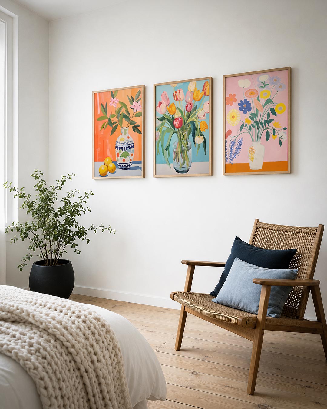 Bloemen en citroenen posterset – derde productweergave – deze posterset in drie delen toont een vaas met bloemen