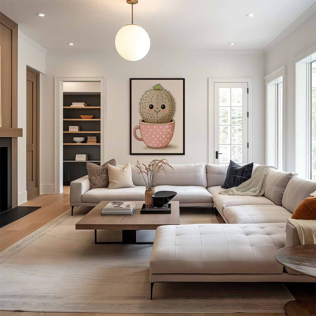 Vrolijke Cactus in Kopje – canvas wanddecoratie in portret formaat
