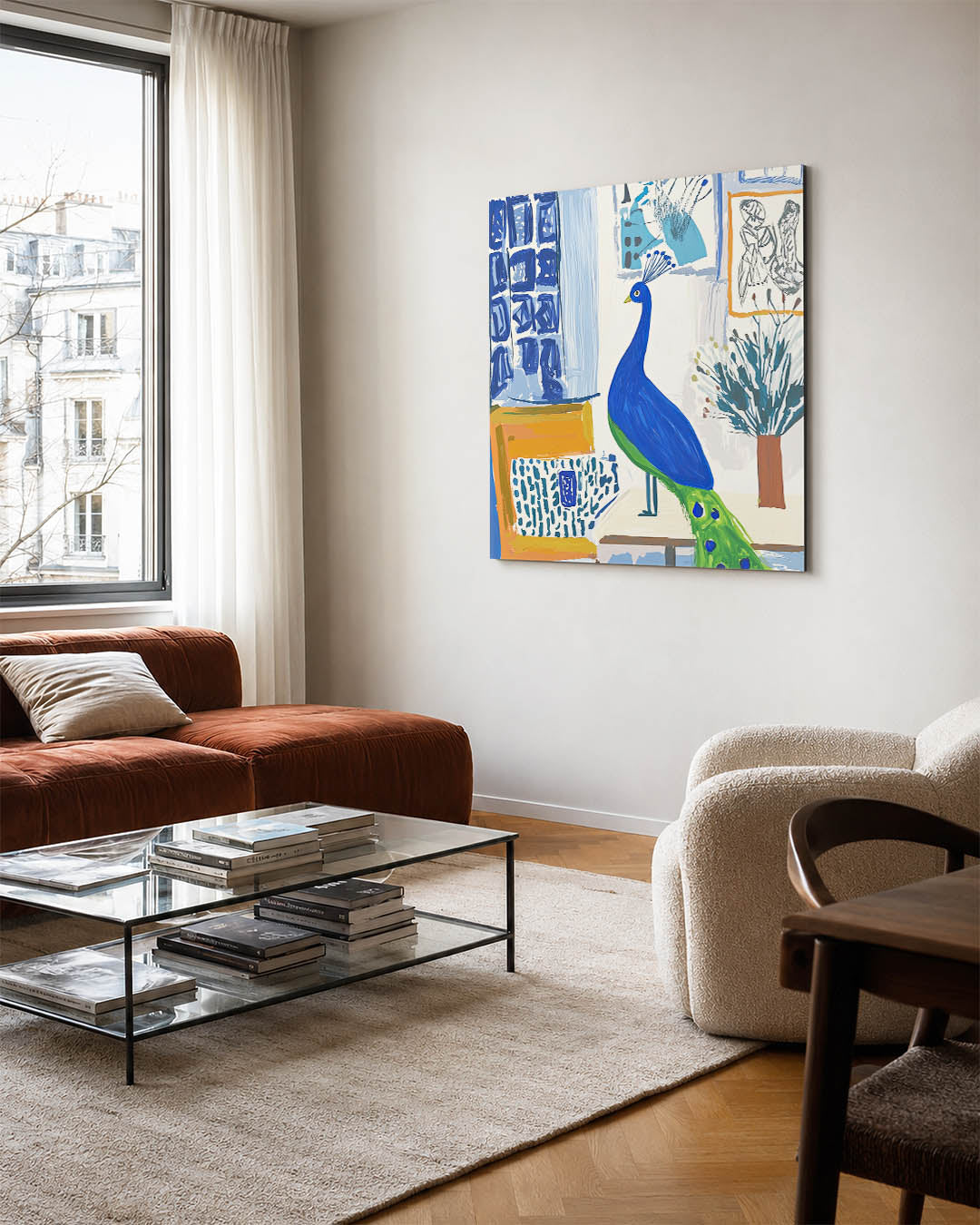 Vrolijke pauw kunstwerk – vierkante wanddecoratie – dit kunstwerk toont een kleurrijke pauw in een levendige setting. De