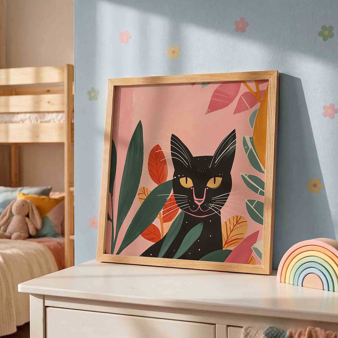 Zwarte kat en bladeren – speelse wandkunst als vierkante kinderposter