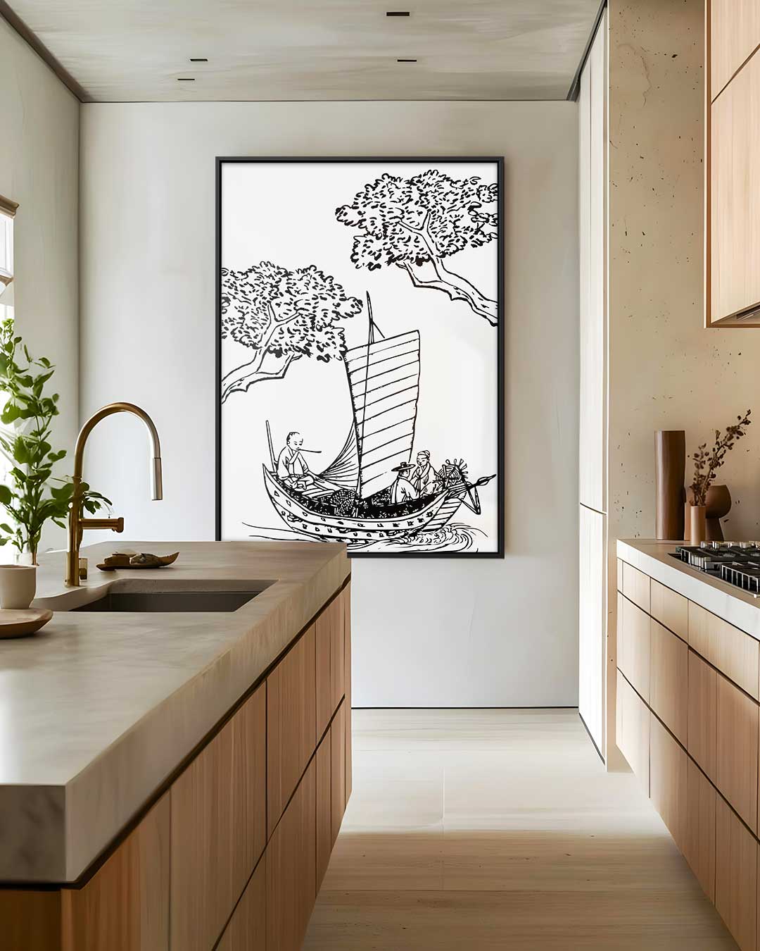 Traditionele Japanse Bootscene – canvas wanddecoratie in portret formaat