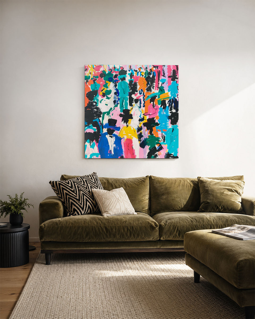 Kleurrijke figuren kunstwerk – derde productweergave – dit werk toont een dynamische compositie van kleurrijke, abstracte