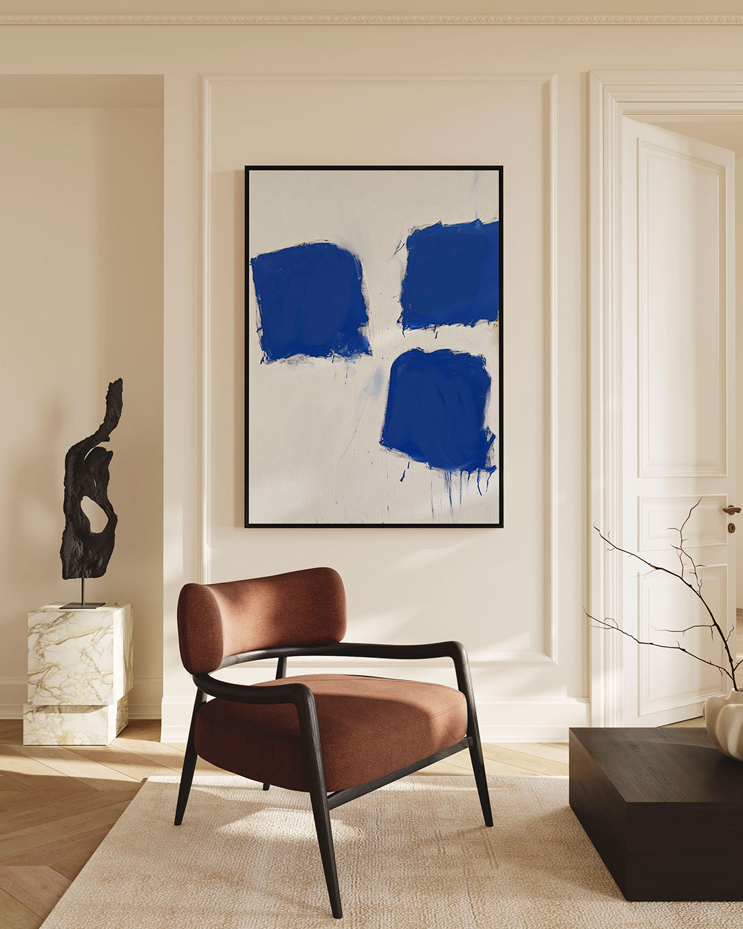 Dynamische blauwe vormen – staand wanddecoratie kunstwerk