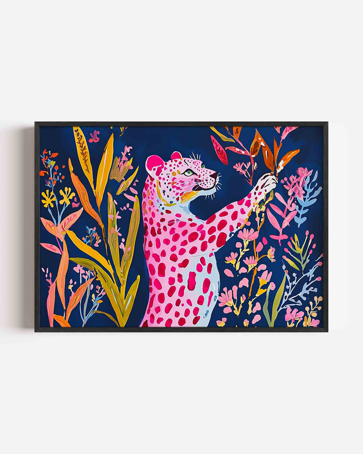 Roze luipaard en bloemen – dieren landscape poster als wanddecoratie