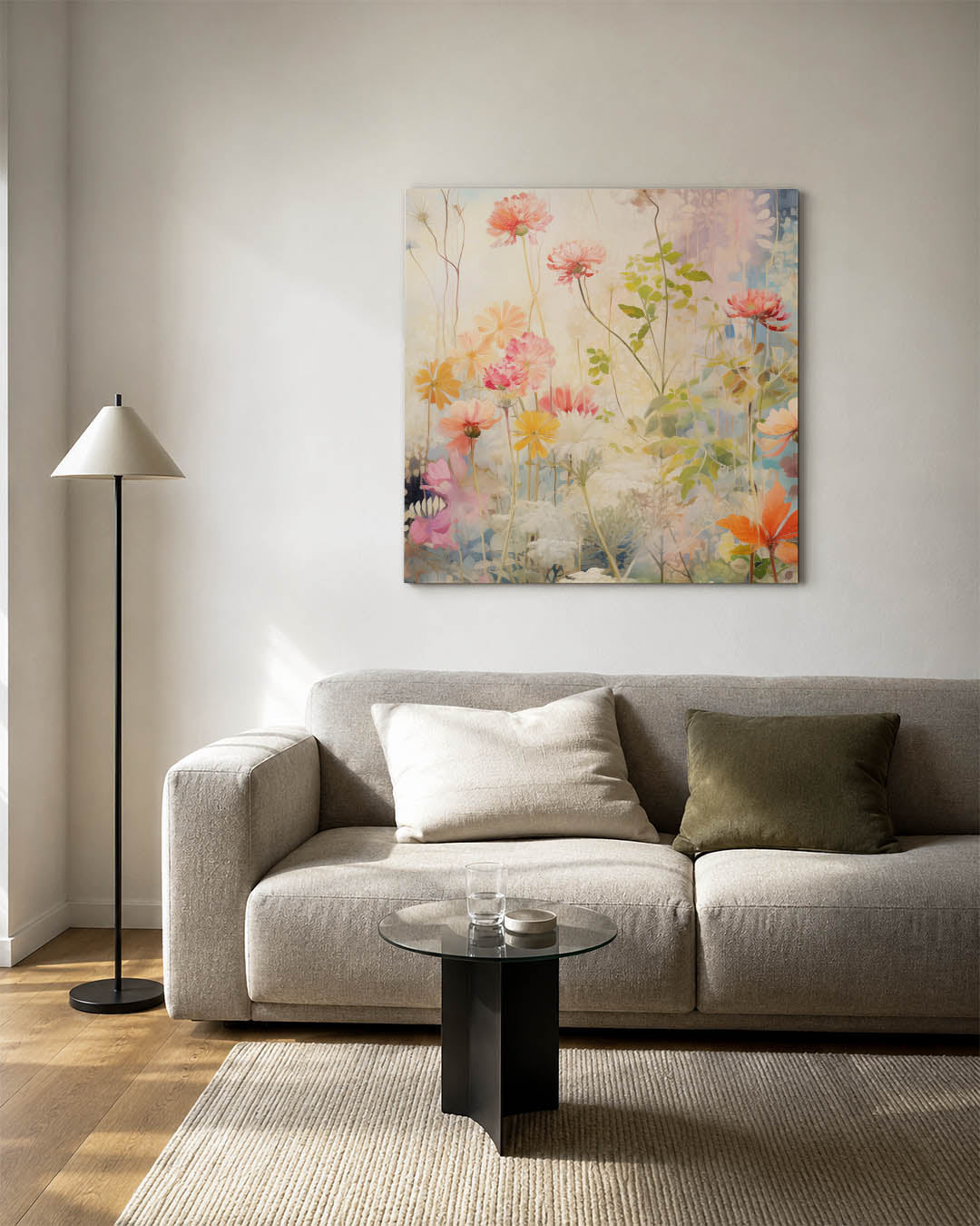 Bloemenpracht kunstwerk – detailweergave – dit kunstwerk toont een levendige verzameling bloemen in zachte tinten, met een