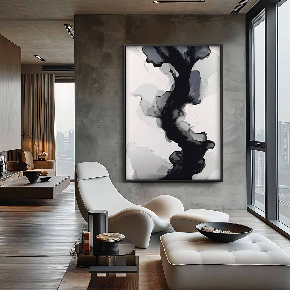 Abstracte Grijs-zwarte Stroming – canvas wanddecoratie in portret formaat