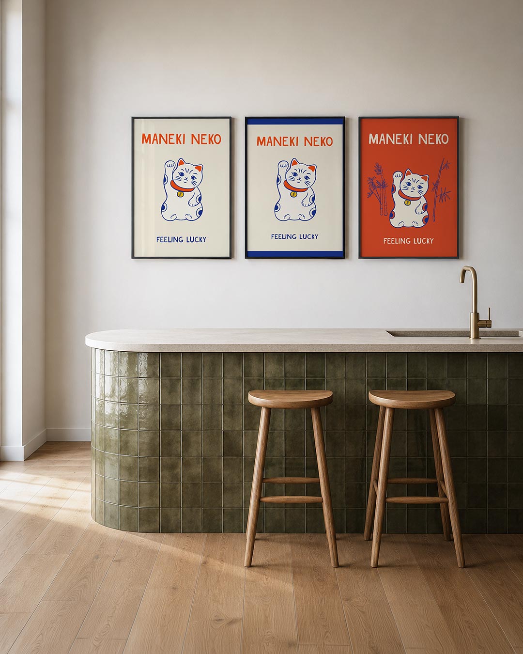 Geluksbrenger kat posterset – tweede productweergave – een speelse kat met opgeheven poot in blauw en oranje op