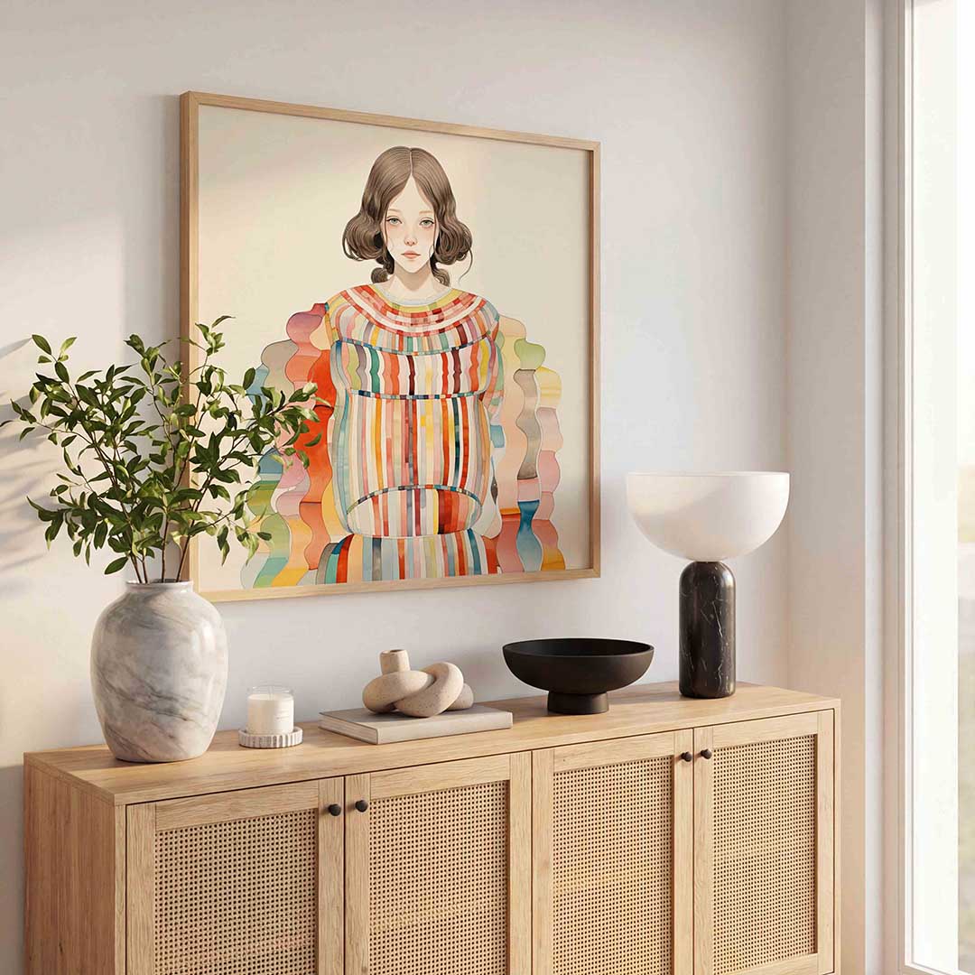 Vrouw met kleurrijke strepen – illustratie poster in vierkant formaat