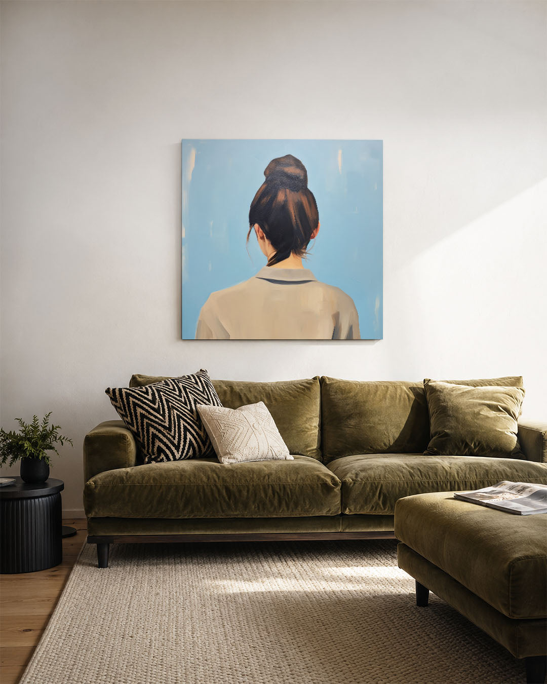 Vrouwelijke rugaanzicht kunstwerk – derde productweergave – dit kunstwerk toont een vrouw van achteren met een opgestoken