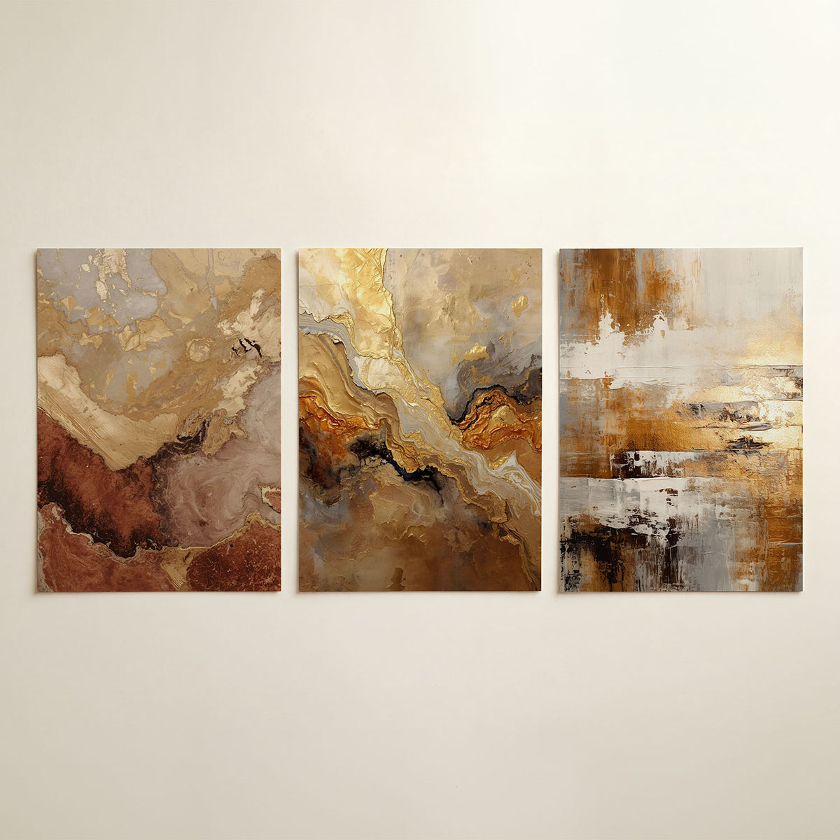 Aardse texturen posterset – detailweergave – deze posterset in drie delen toont een vloeiende mix van