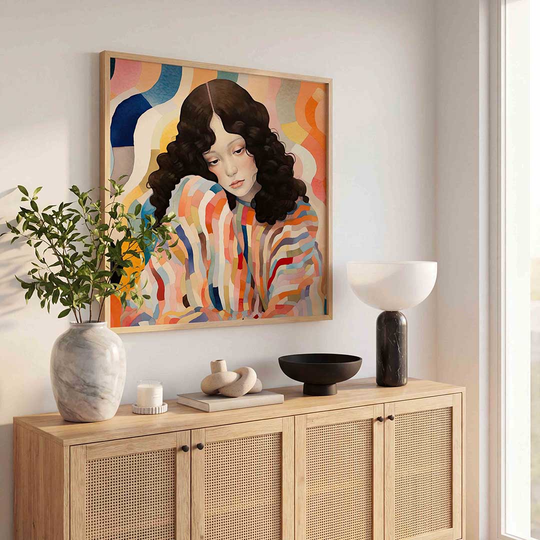 Vrouw met golvende lijnen – illustratie poster in vierkant formaat