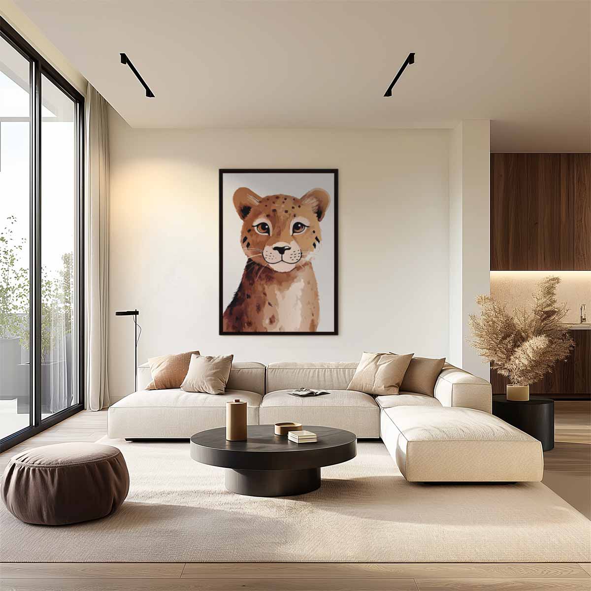 Vrolijk Cheeta Portret – kunstwerk met zwarte baklijst