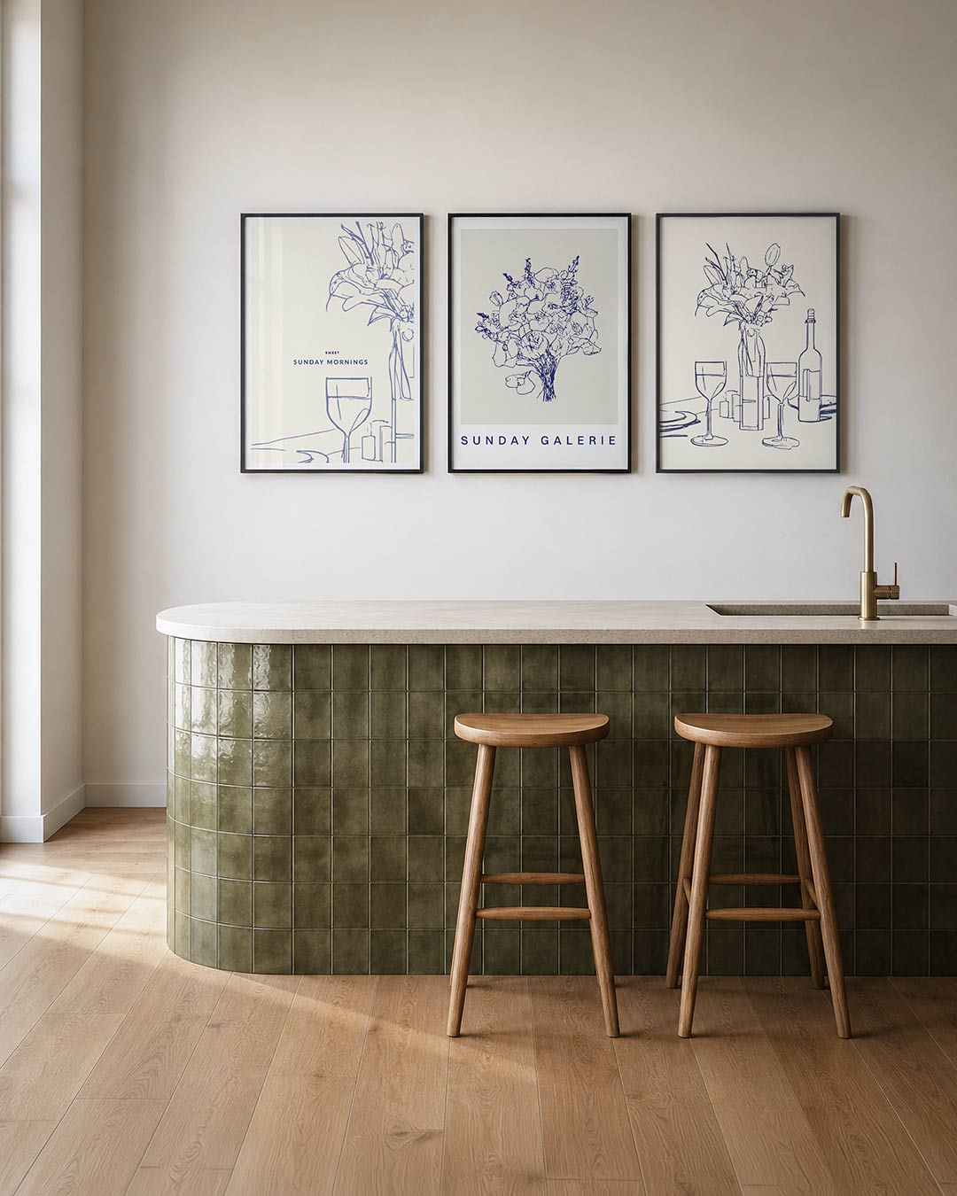 Lijnen en bloemen – deze posterset in drie delen toont delicate blauwe lijnen die een bloem en – weergave 2