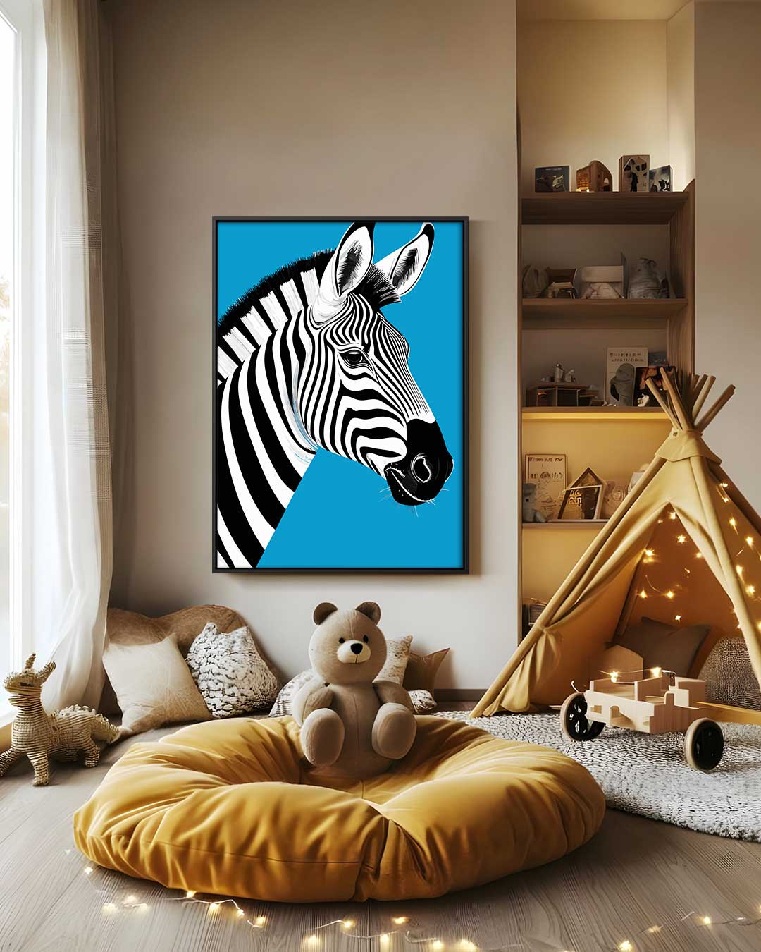 Zebra in de spotlight – canvas wanddecoratie in portret formaat