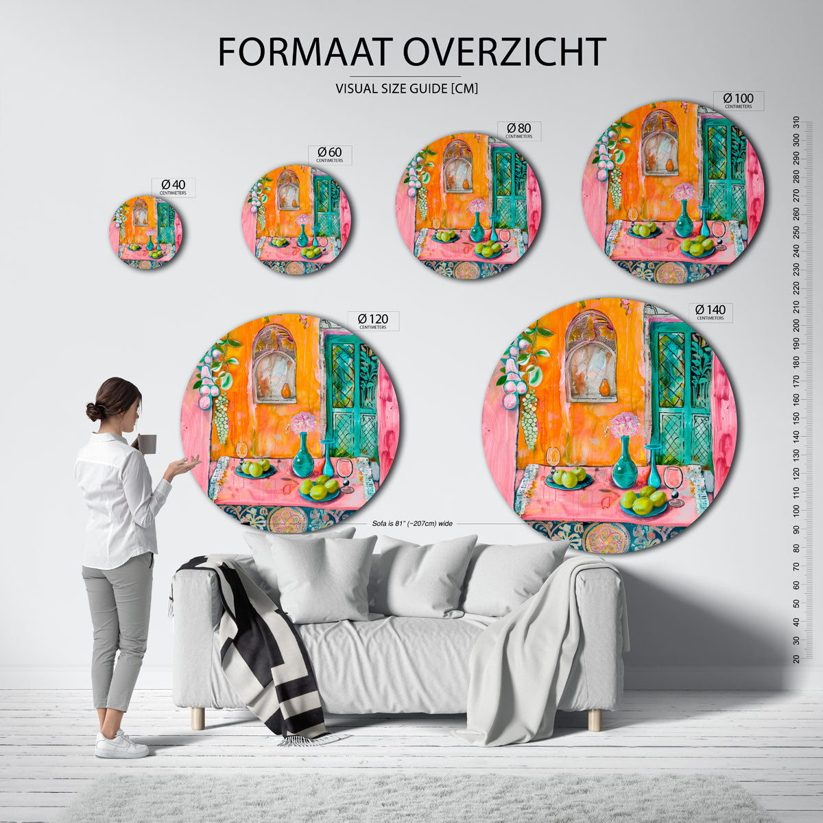 Fruit en vaas – geïllustreerde wandkunst als moderne muurcirkel