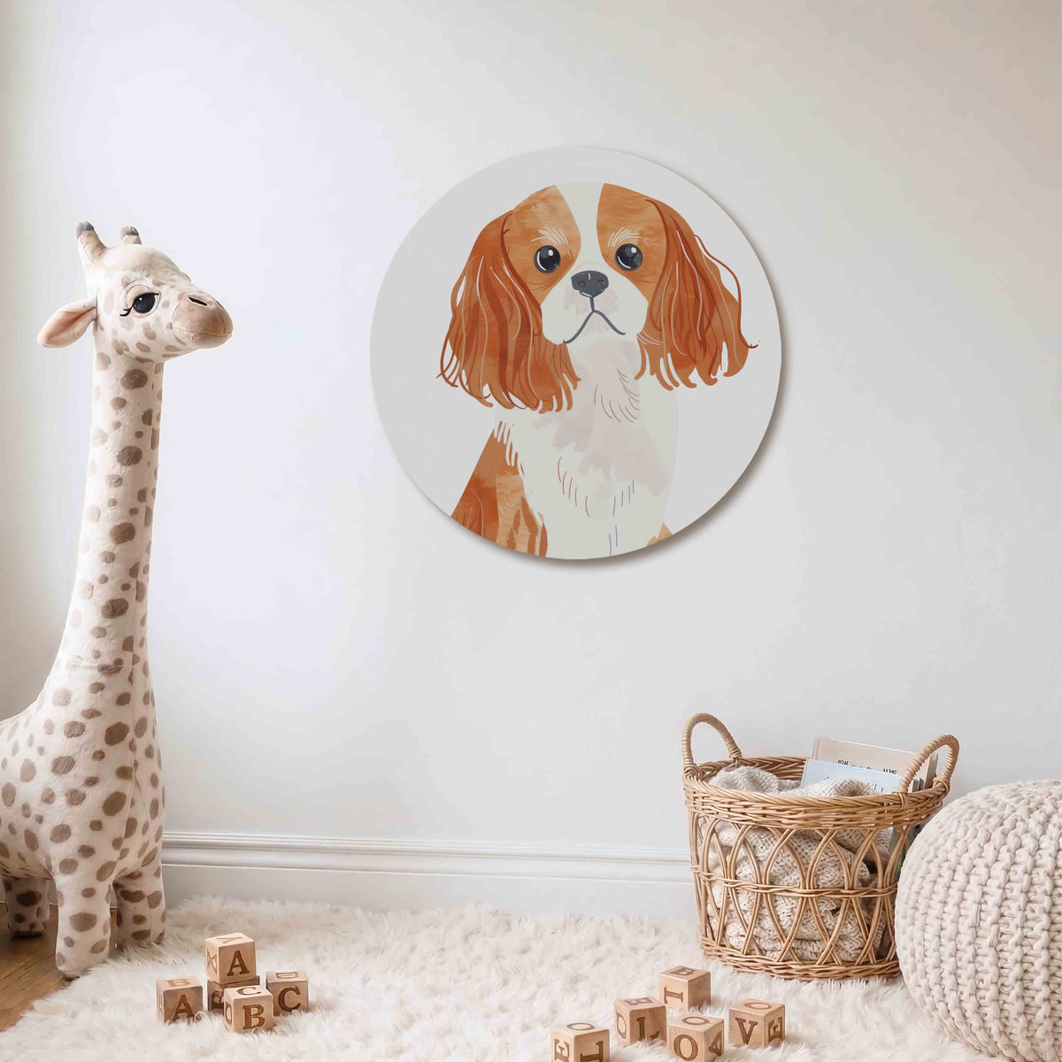Hond met lange oren Muurcirkel – Een hond met lange oren in oranje en wit op een witte achtergrond.