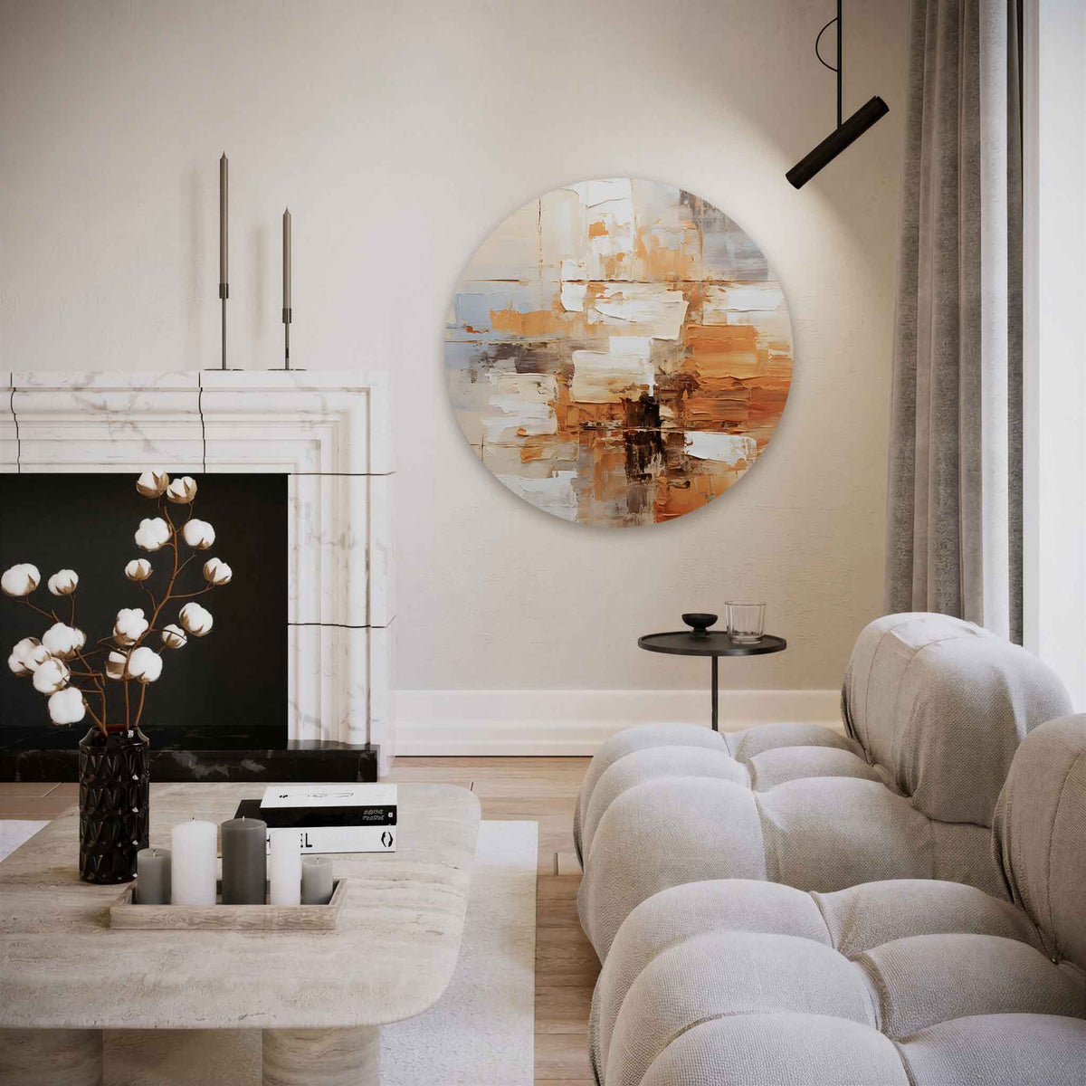 Abstracte beige en oranje – abstracte muurcirkel als ronde wanddecoratie