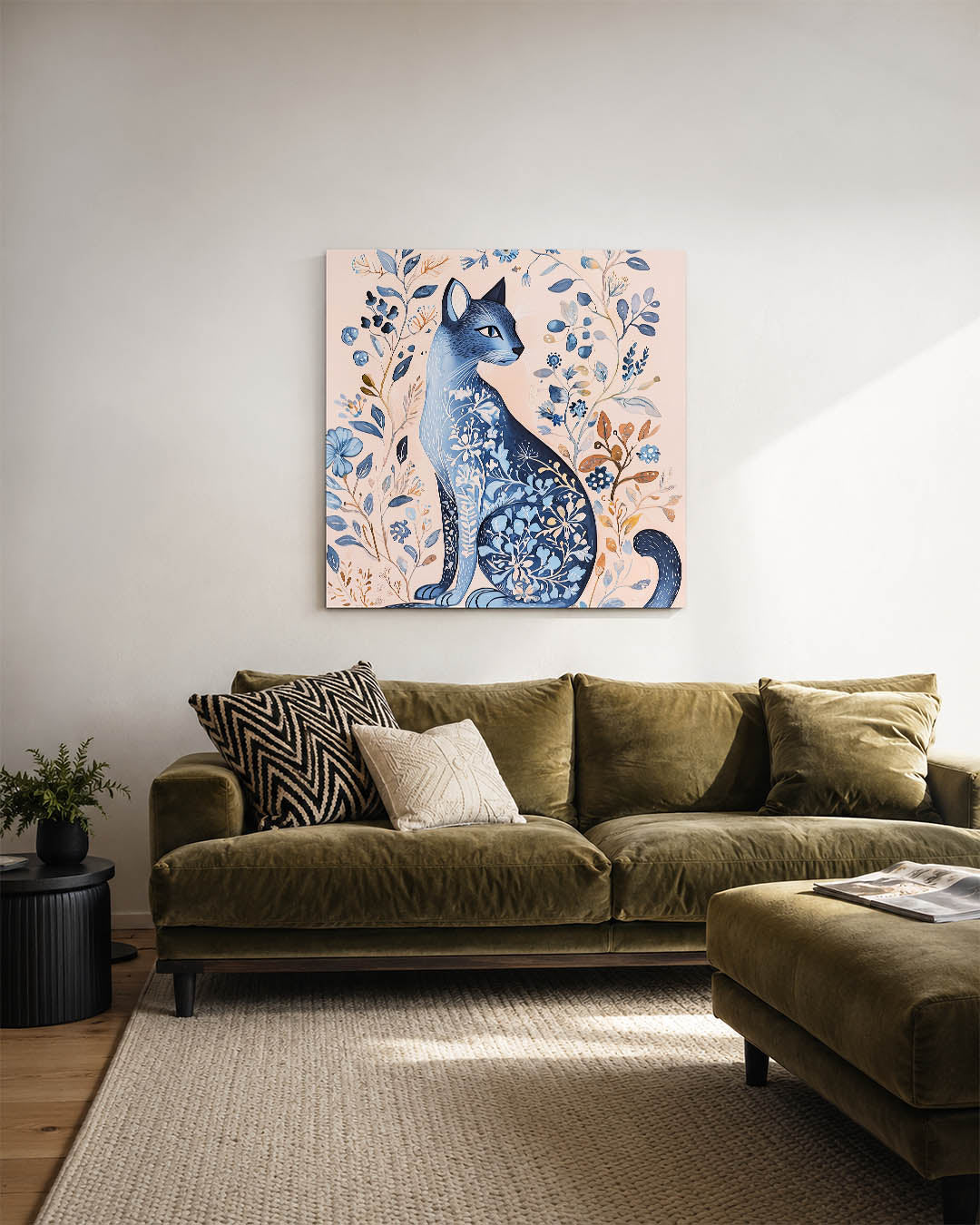Fantasierijke kat kunstwerk – sfeerbeeld – dit kunstwerk toont een sierlijke kat omringd door gedetailleerde bloemen en