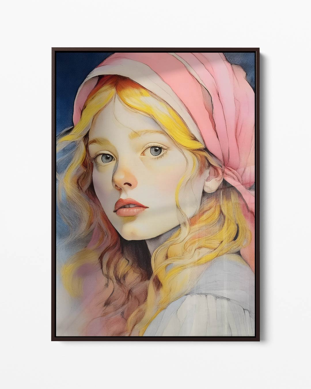 Dromerige Meisje met Roze Hoofddoek – portret kunstwerk als wanddecoratie