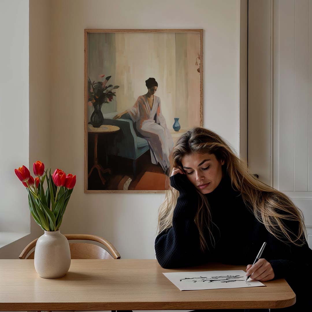 Stijlvolle vrouw in rustige ruimte – staande vrouwelijke wanddecoratie van WallArtistic