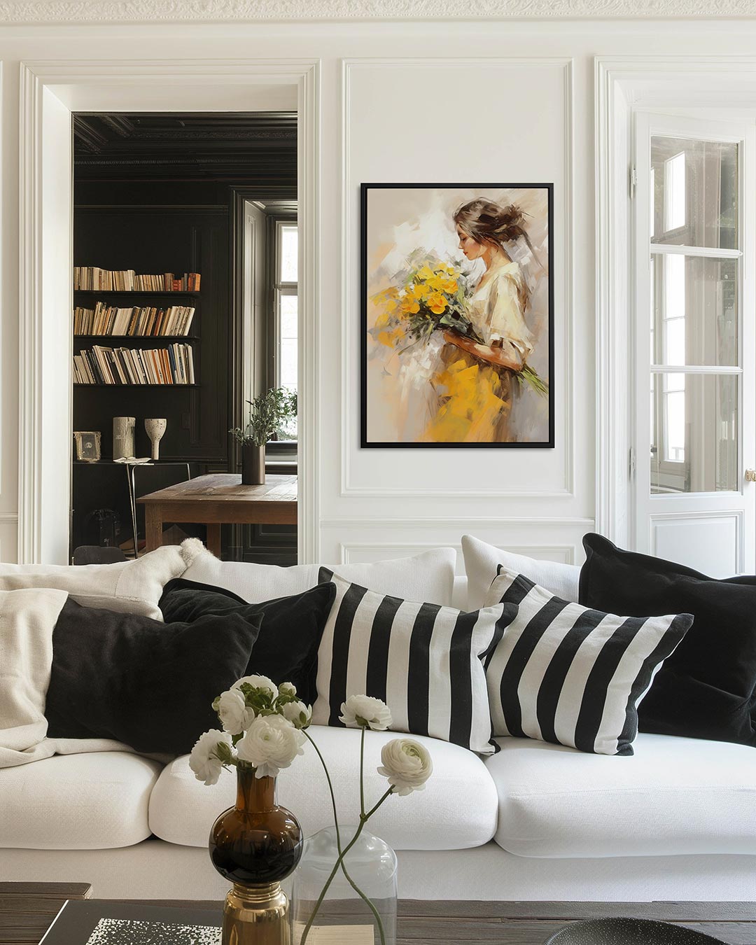 Dromerige bloemenportret – decoratief kunstwerk voor aan de muur