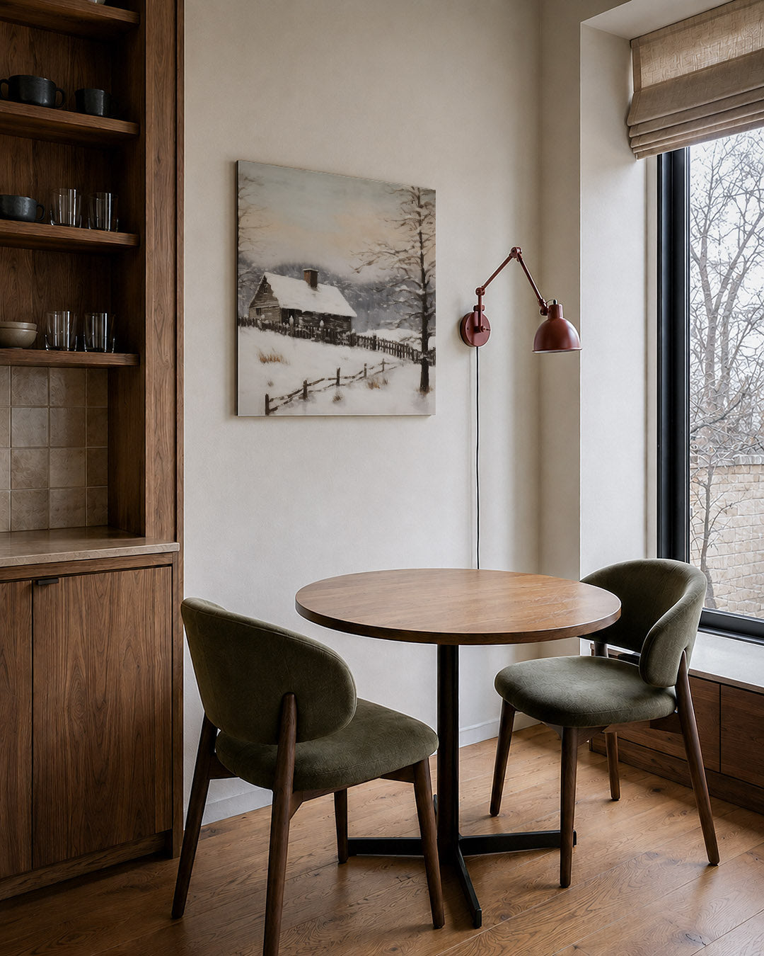 Winterlandschap met huis kunstwerk – derde productweergave – dit werk toont een huis in een besneeuwd landschap, omgeven door