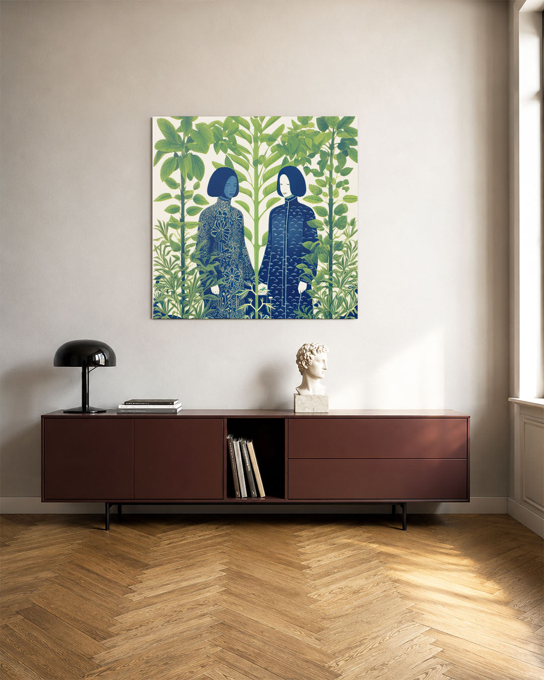 Natuurlijke harmonie kunstwerk – tweede productweergave – dit kunstwerk toont twee figuren omringd door weelderige groene