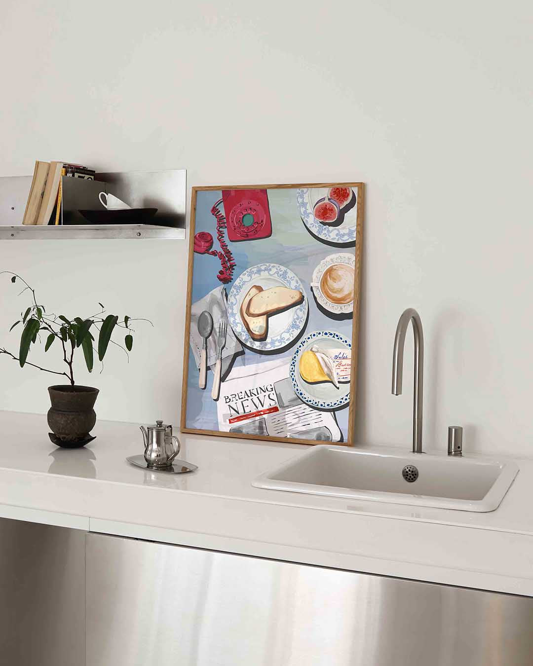 Ontbijttafel met telefoon – keukenposter in staand formaat