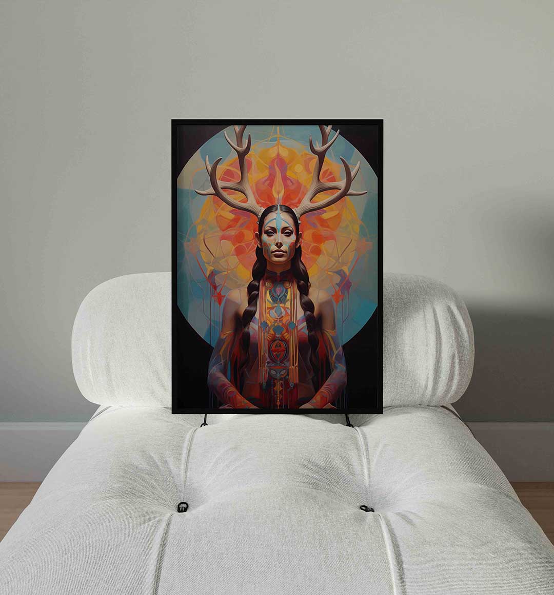 Vrouw met gewei en kleurrijke achtergrond – staande surrealistische wanddecoratie van WallArtistic