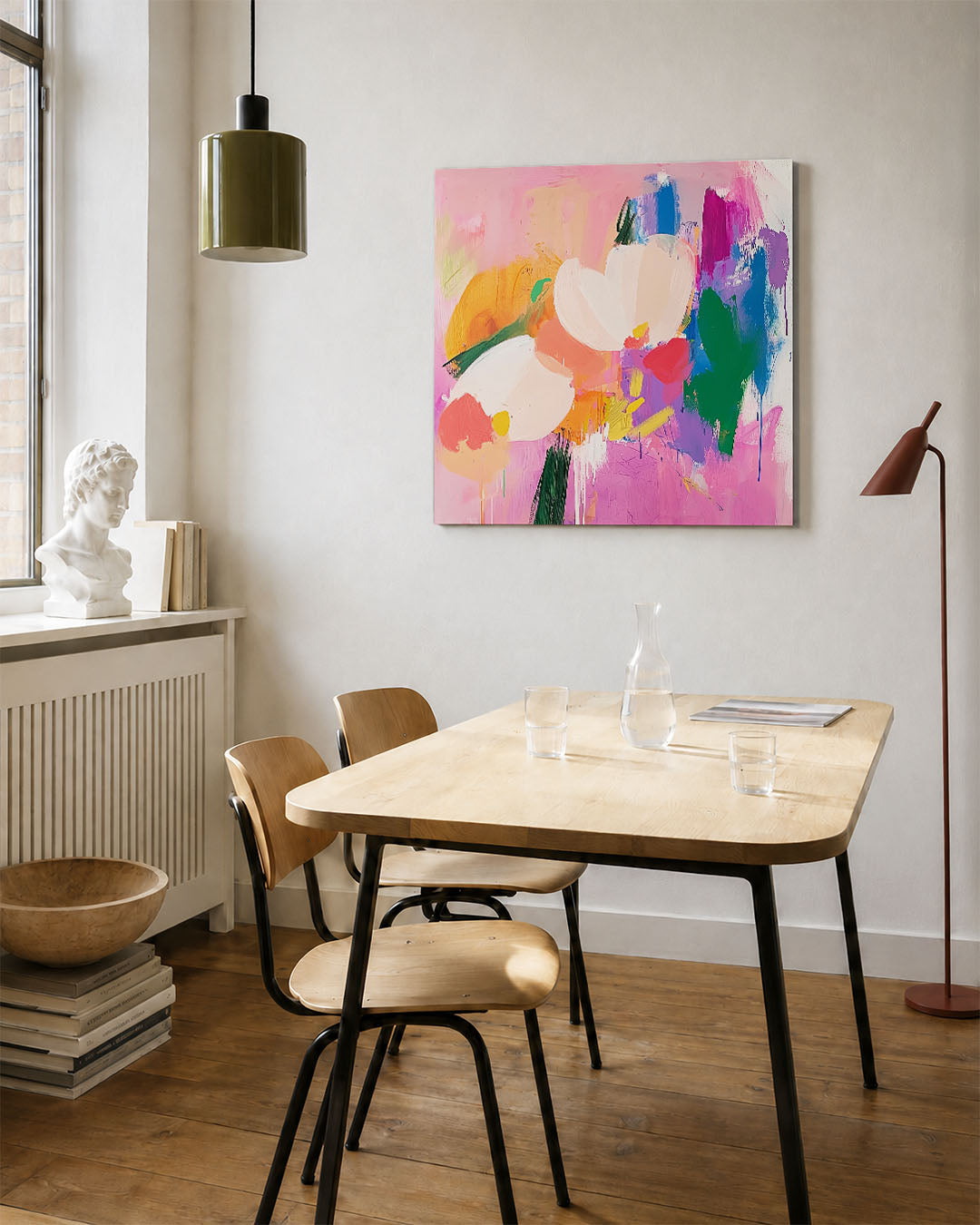 Vrolijke kleurenexplosie kunstwerk – vierkante wanddecoratie – dit werk toont een dynamische mix van felle kleuren en