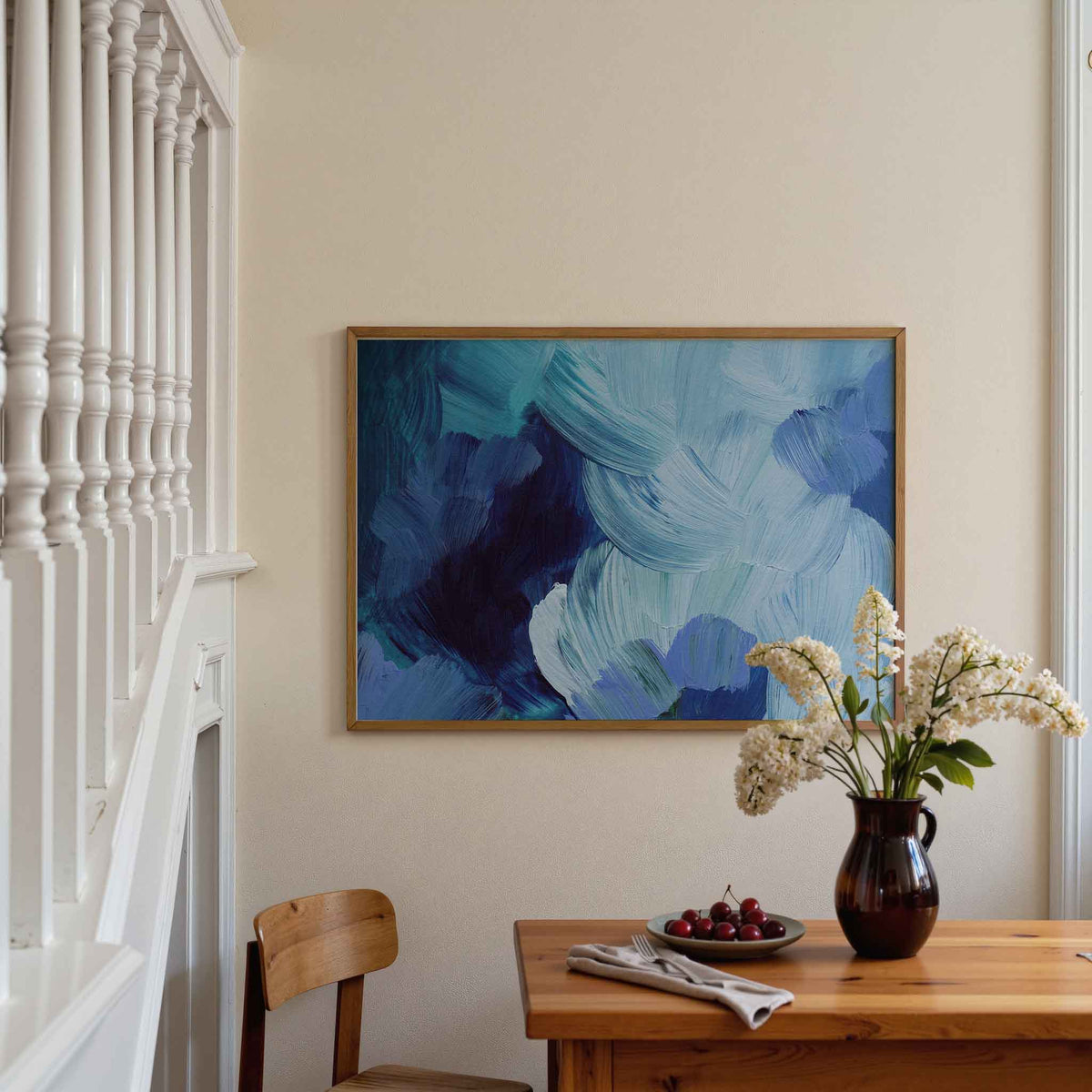 Abstracte blauwe penseelstreken – artistieke poster in liggend formaat