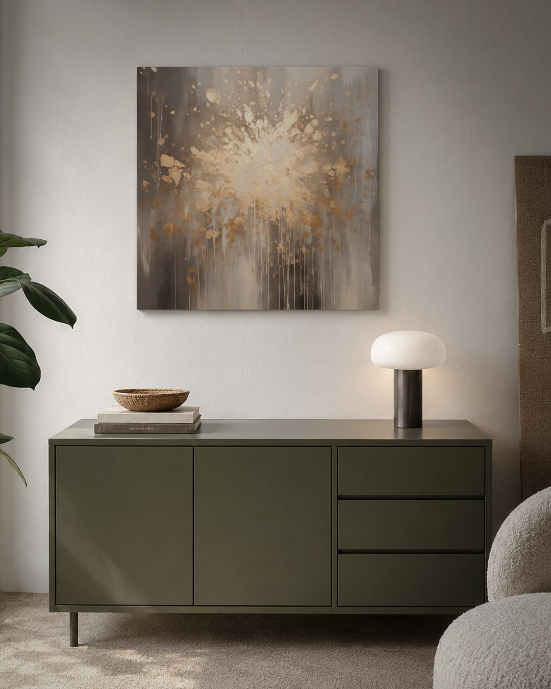 Explosieve kleurenpracht kunstwerk – detailweergave – dit kunstwerk toont een dynamische explosie van beige en brons tinten
