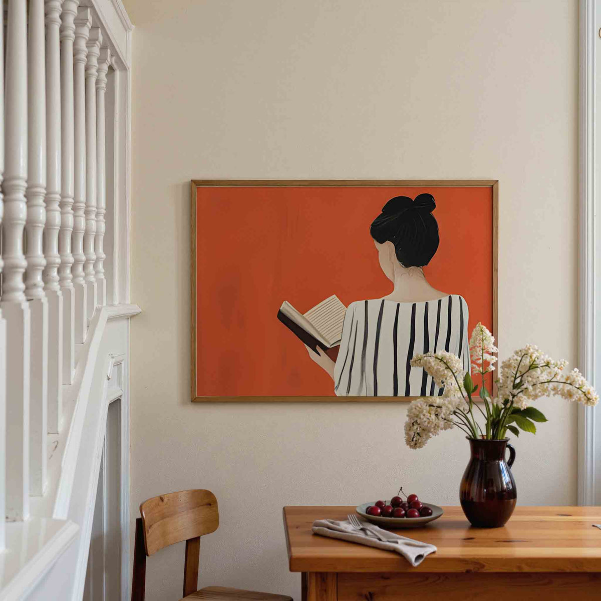 Vrouw met boek – liggende illustratie poster als wanddecoratie