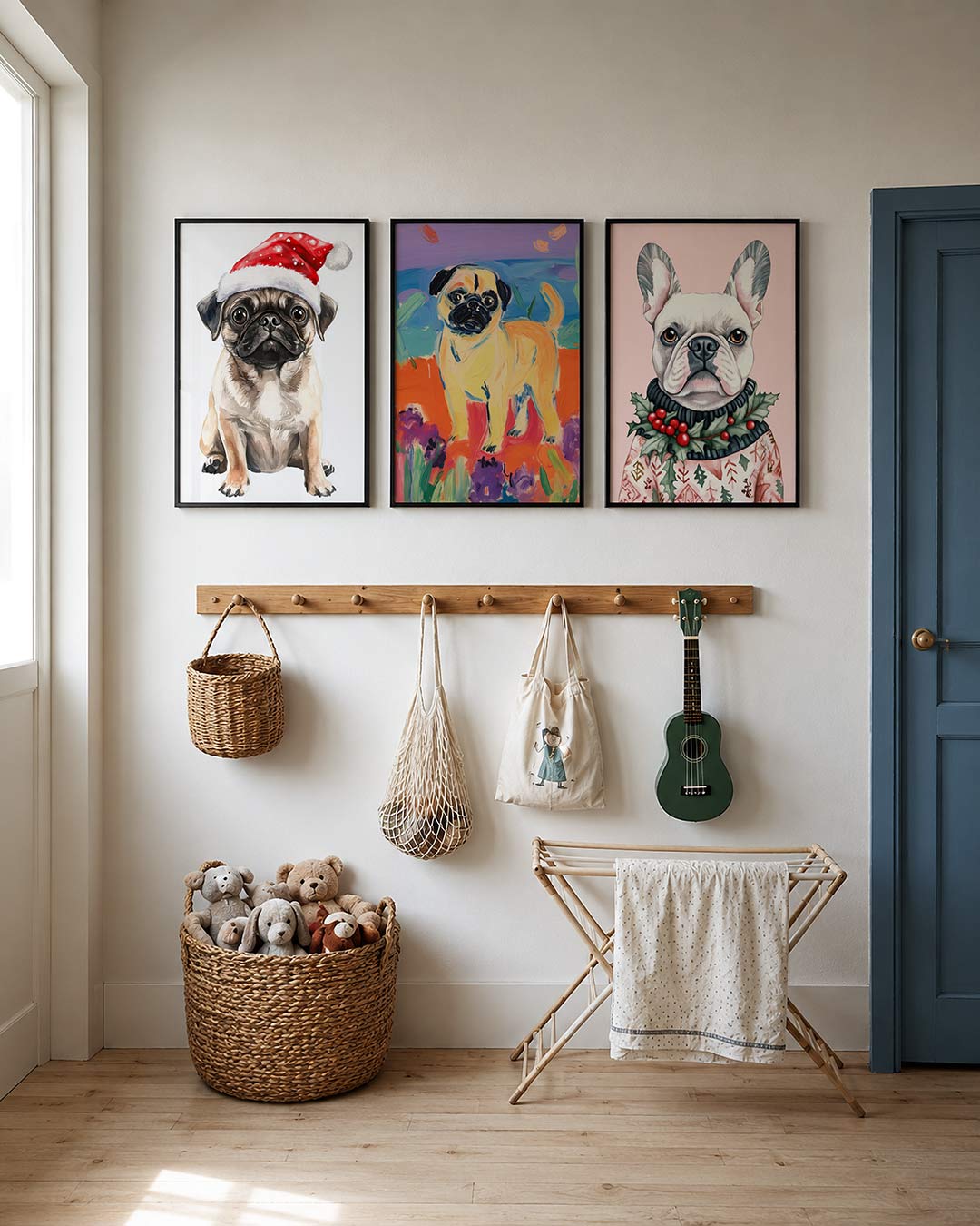 Hond met kersttrui posterset – detailweergave – een schattige hond met een feestelijke trui vol