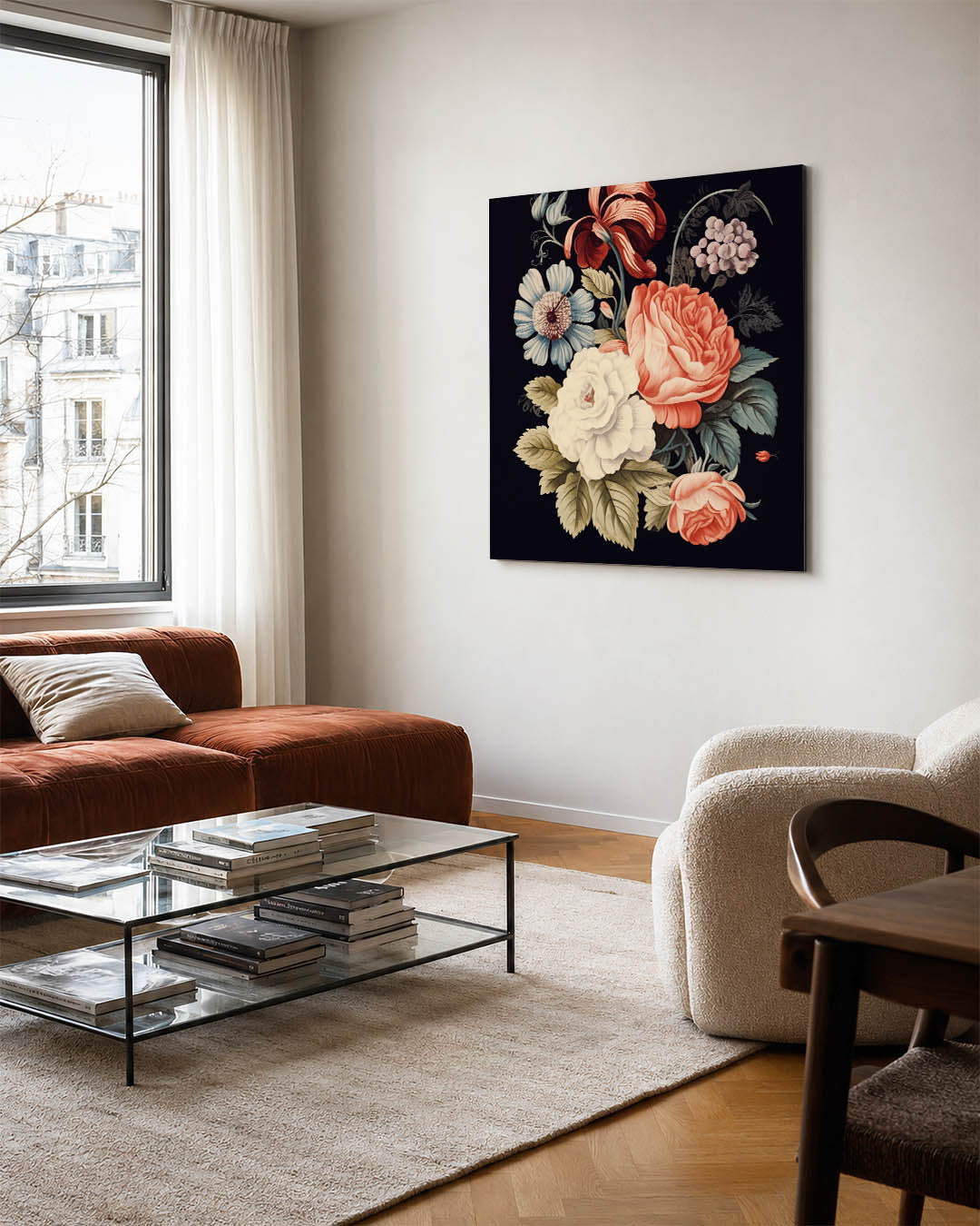 Bloemenpracht op zwart kunstwerk – vierkante wanddecoratie – dit kunstwerk toont een levendige verzameling bloemen in diverse