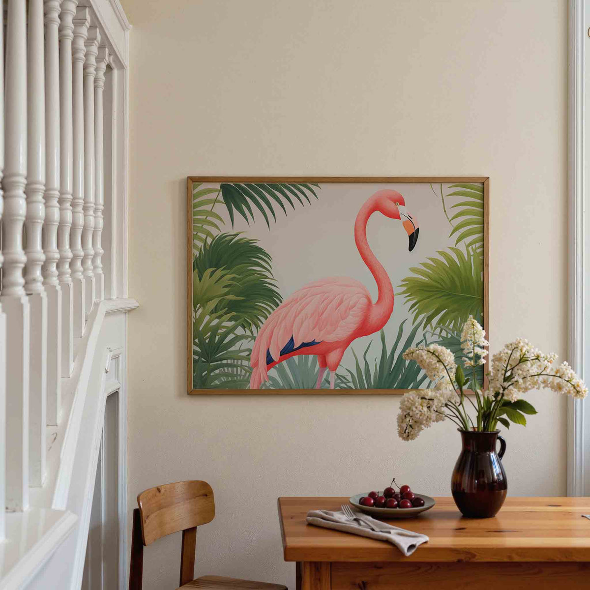 Flamingo en bladeren – tropische poster in liggend formaat