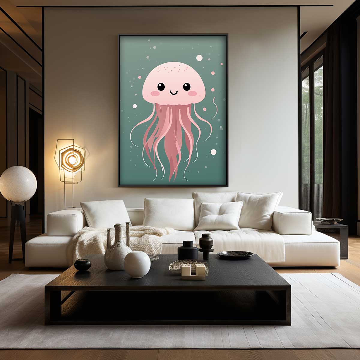 Schattige Kwallen Glimlach – kunstwerk met zwarte baklijst