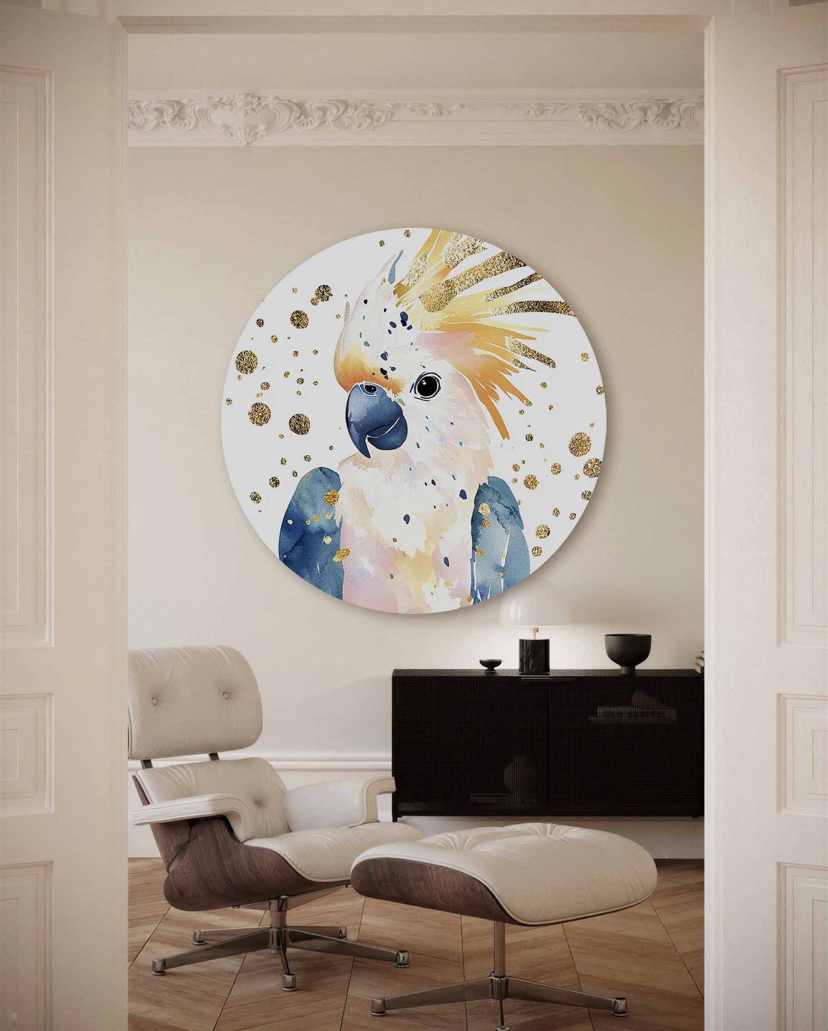 Papegaai met gouden accenten – illustratie muurcirkel als ronde muurdecoratie