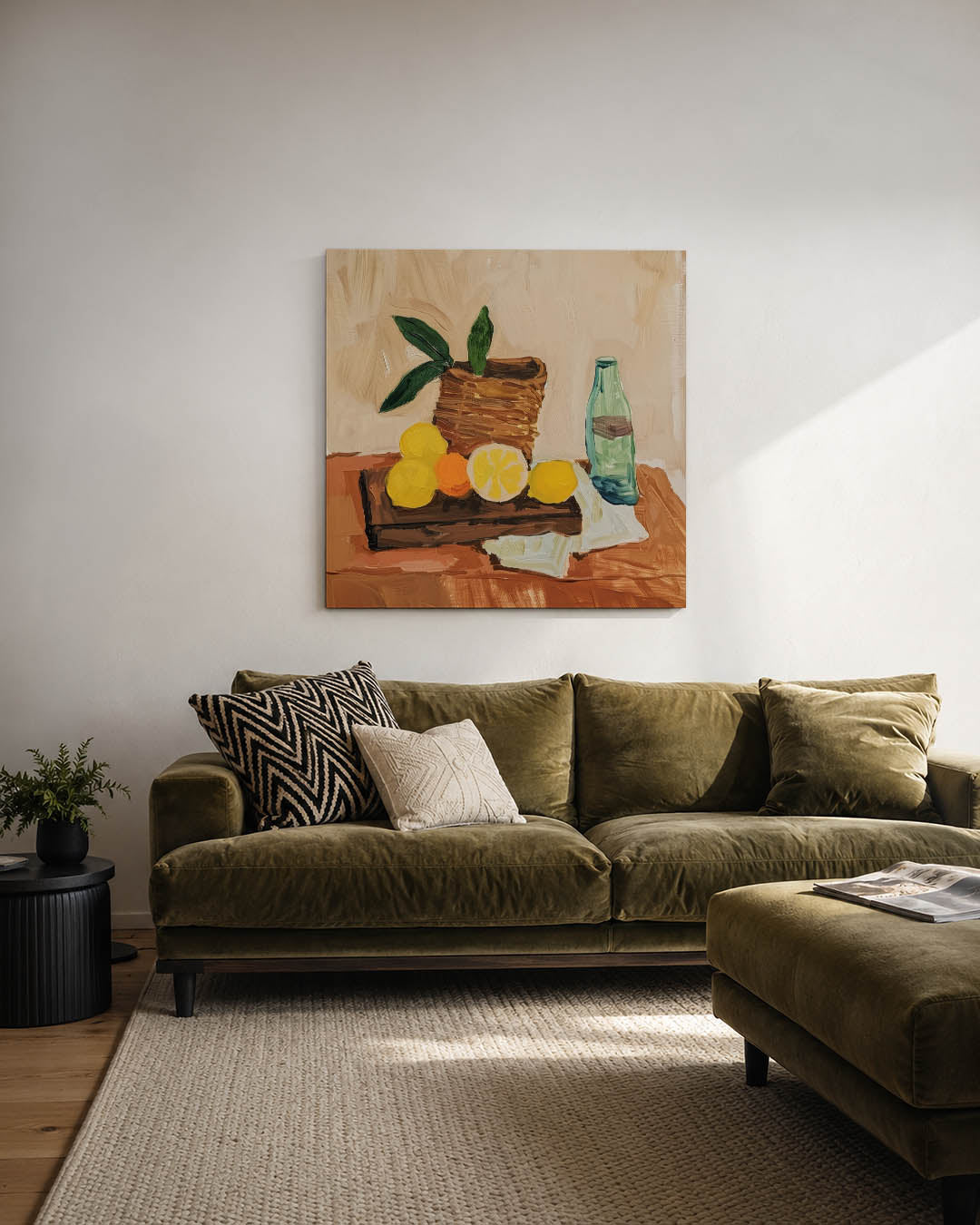 Fruit en fles compositie kunstwerk – derde productweergave – dit werk toont een tafel met fruit, een fles en een mand. De