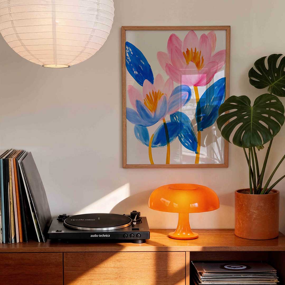 Bloemen in blauw en roze – staande bloemen wanddecoratie van WallArtistic