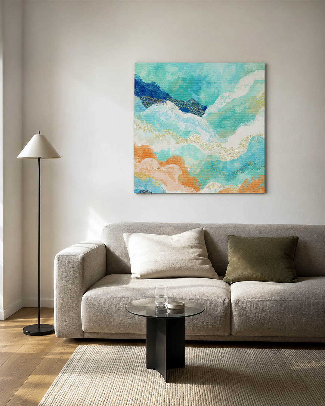 Golvende kleurencompositie kunstwerk – vierkante wanddecoratie – dit kunstwerk toont vloeiende lijnen en golvende vormen in