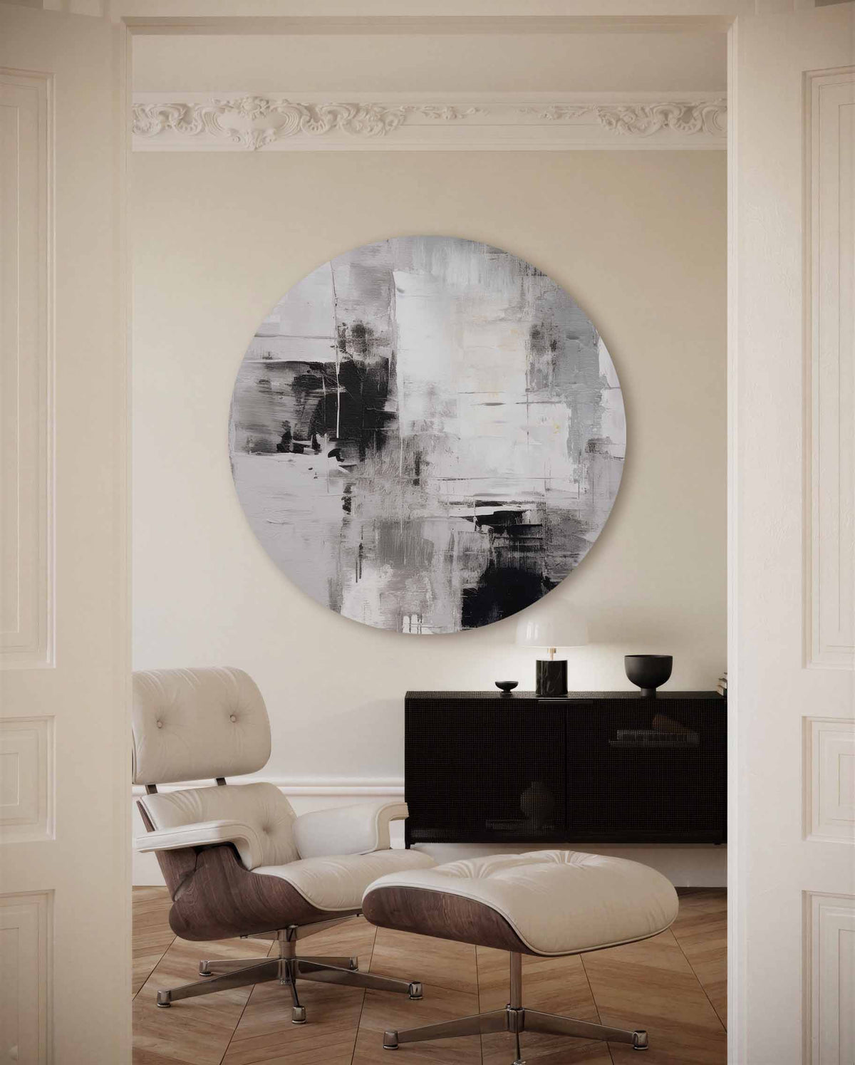 Abstracte zwart wit – illustratie muurcirkel als ronde muurdecoratie