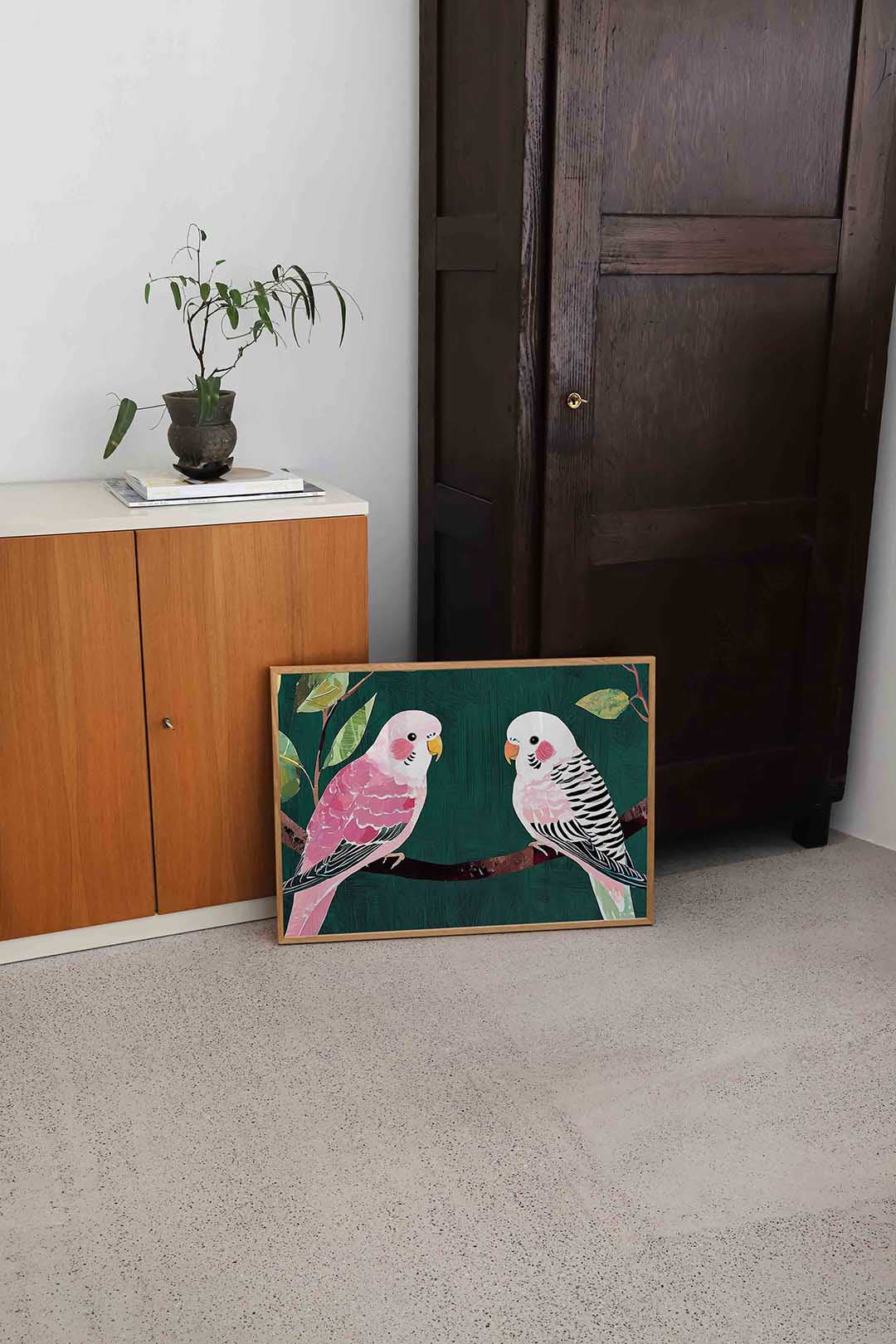 Twee parkieten op tak – dierenillustratie als landscape poster