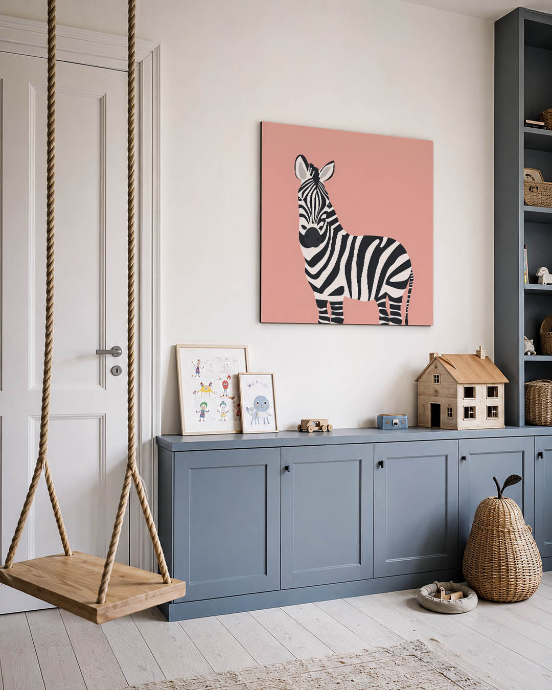 Gestreepte zebra illustratie kunstwerk – vierkante wanddecoratie – dit werk toont een zebra met opvallende zwart-witte