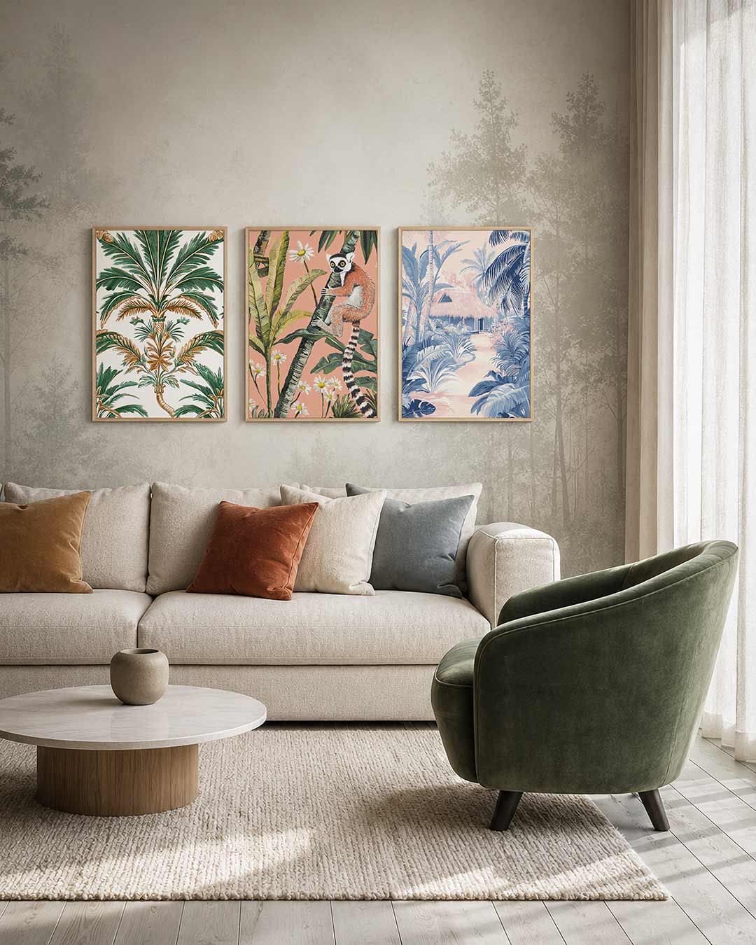 Tropische bladpatronen driedelige posterset – deze posterset in drie delen toont weelderige groene