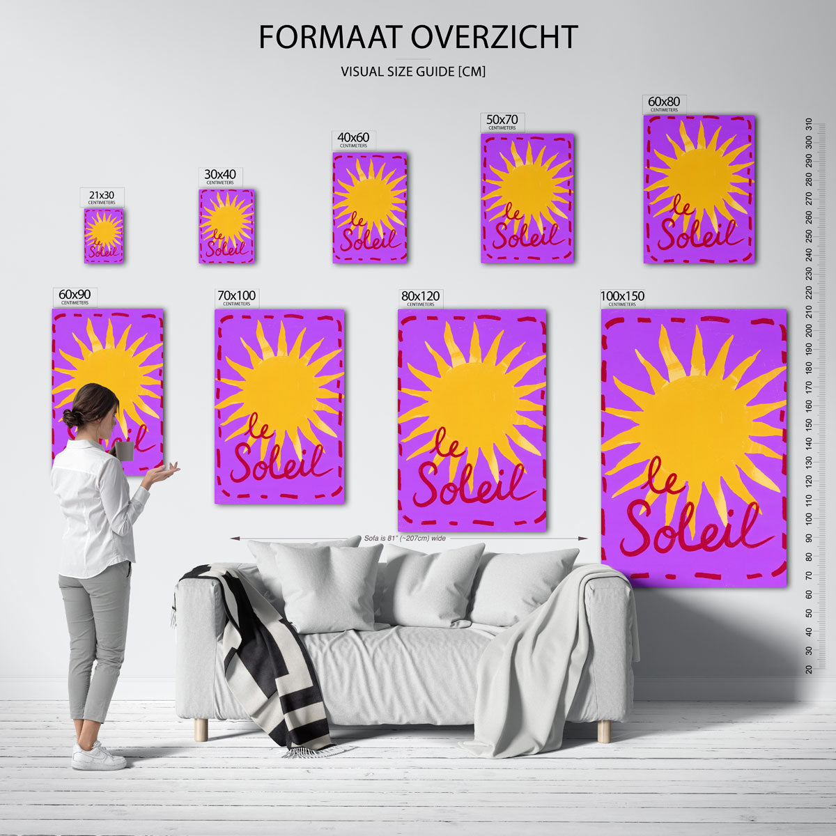 Gele zon op paarse achtergrond – staande muurposter met Pop Art uitstraling