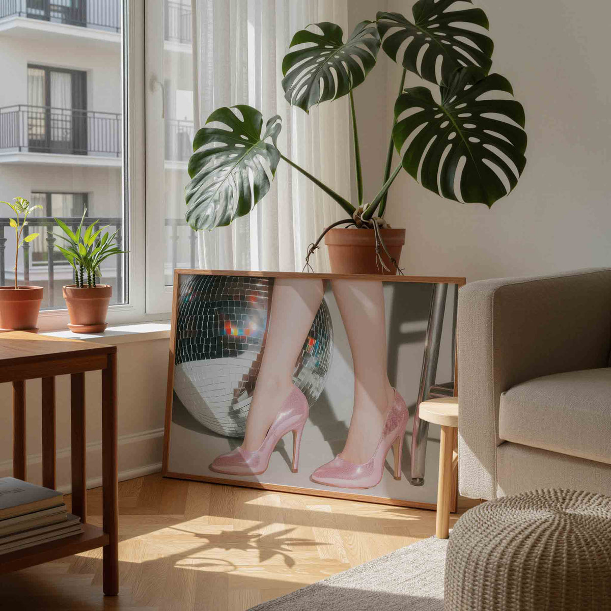 Roze schoenen en discobal – moderne wandkunst als landscape poster