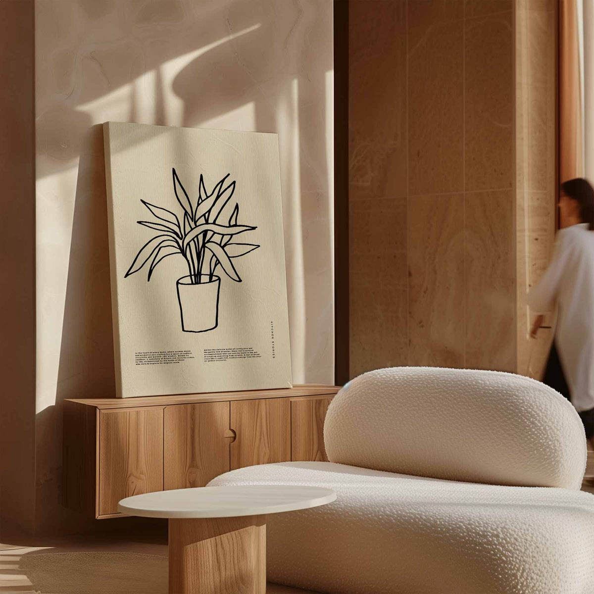 Simpele Plantenillustratie op Beigekleurige Achtergrond – canvas wanddecoratie in portret formaat