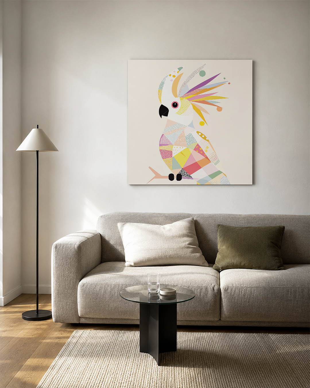 Vrolijke papegaai kunstwerk – detailweergave – dit werk toont een kleurrijke papegaai met geometrische patronen en levendige