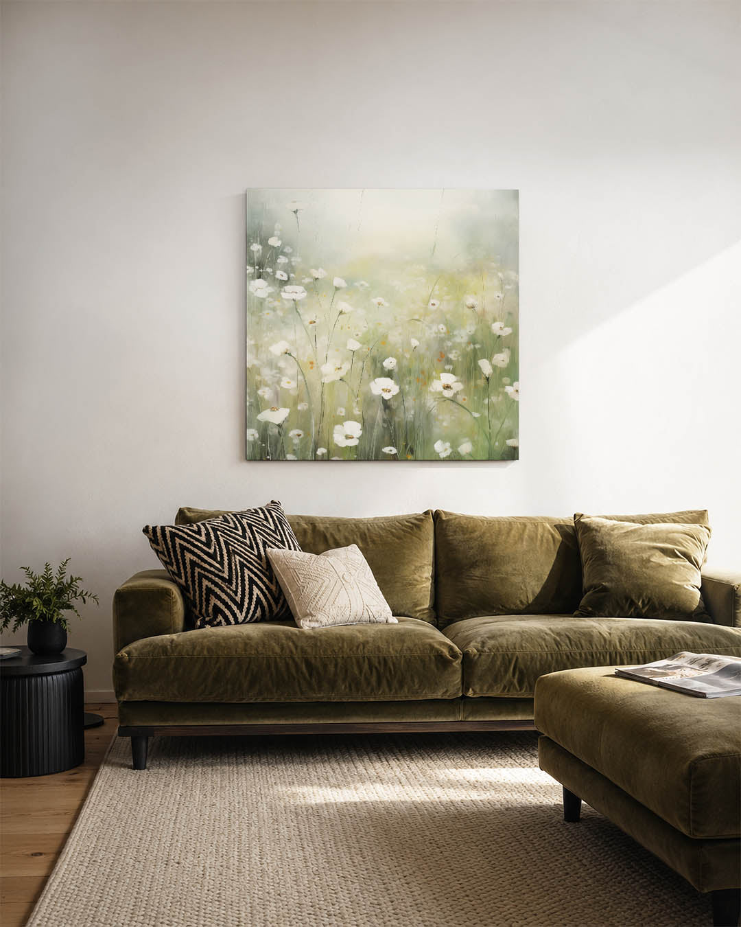 Dromerige bloemenweide kunstwerk – sfeerbeeld – dit kunstwerk toont een bloemenweide met delicate witte bloemen tegen een